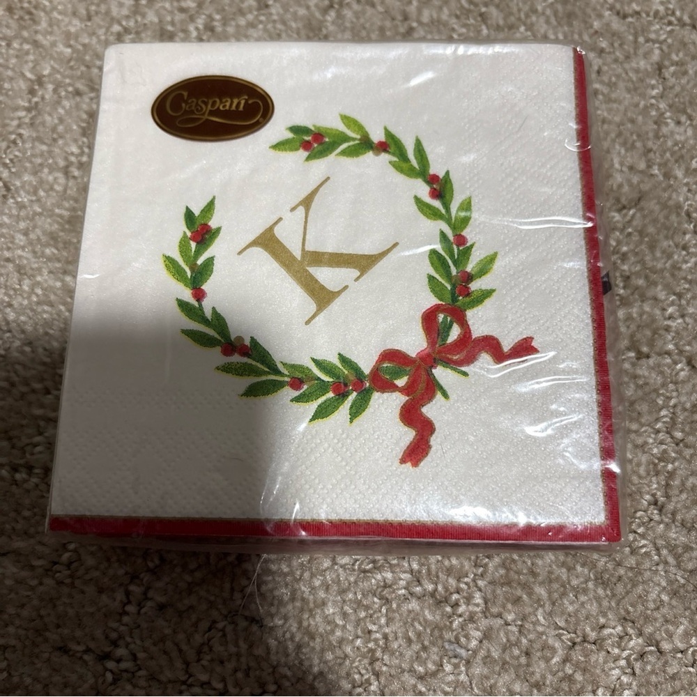 Caspari Christmas Laurel Wreath Cocktail Napkin Letter K 20Triple Ply 25x25 Cm